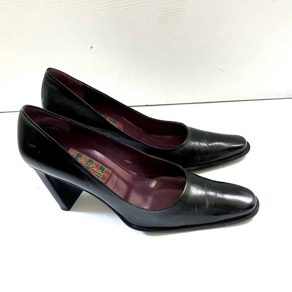 Italian black real leather shoes square shaped 4” wooden block heels